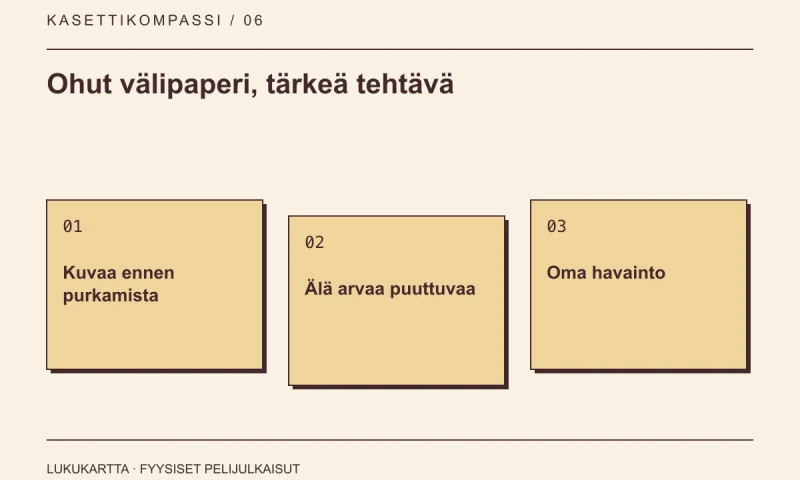 Lukukartta: Ohut välipaperi, tärkeä tehtävä. Kuvaa ennen purkamista, Älä arvaa puuttuvaa, Oma havainto.
