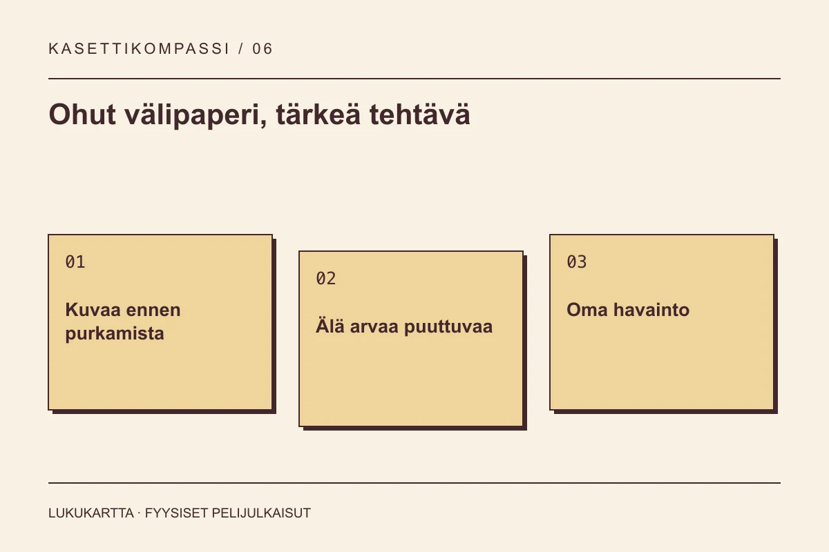 Lukukartta: Ohut välipaperi, tärkeä tehtävä. Kuvaa ennen purkamista, Älä arvaa puuttuvaa, Oma havainto.